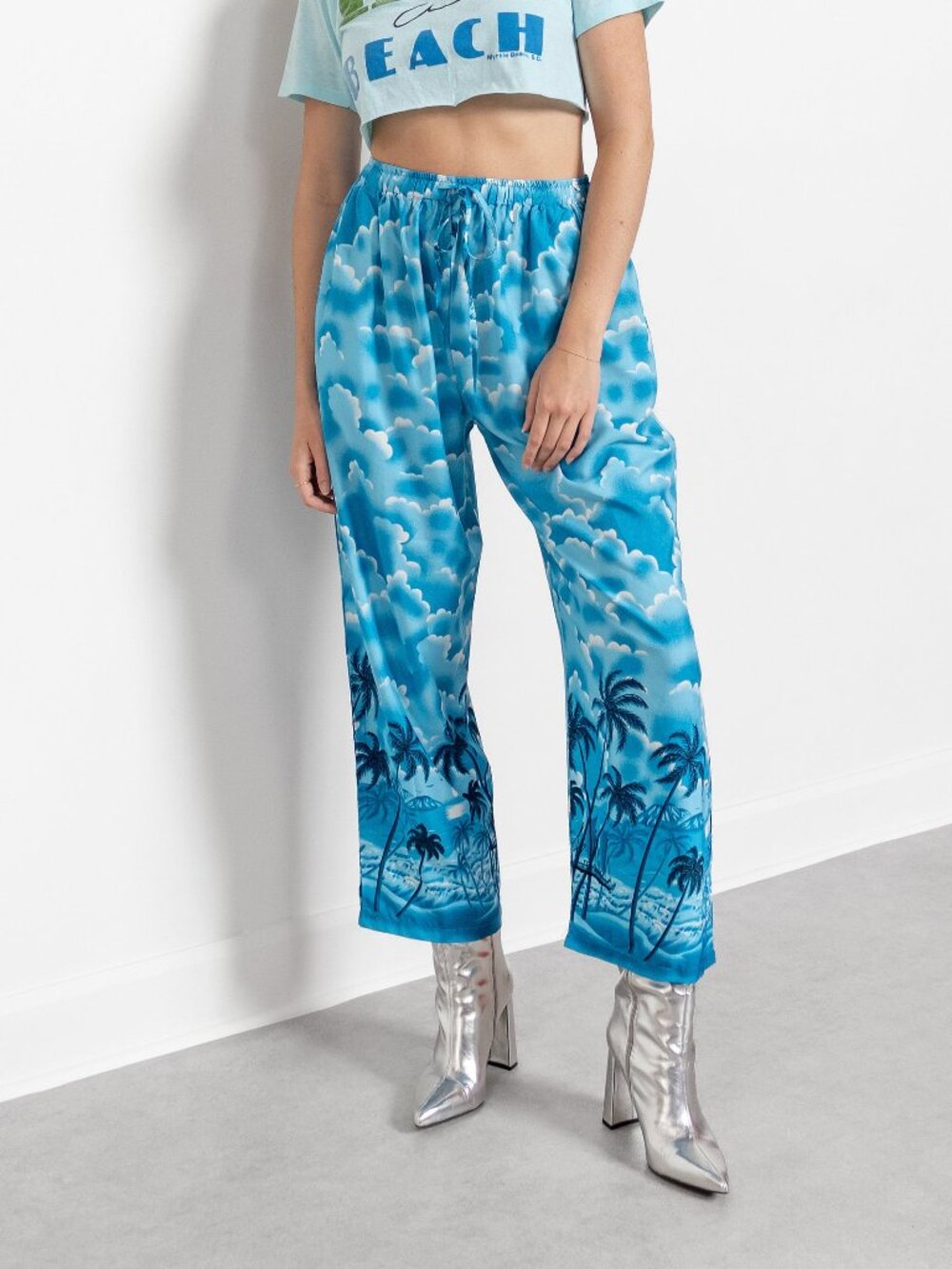 Vintage 90s Cloud Print Pants, High Waist Palm Tree Trousers (M/L)